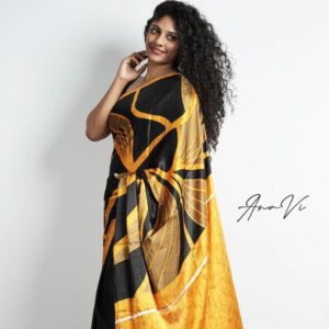 Yellow Feather Elegance Satin Silk Sari By Anavi