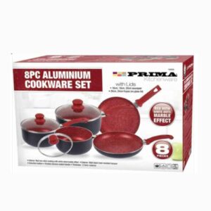 Prima 8 Pcs Aluminum Cookware Set Non-Stick Cooper Fry Pan Pot Saucepan with Lid- Red