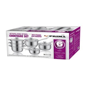 PRIMA 6pc Stainless Steel Cookware Set with Steamer | With Glass Lid