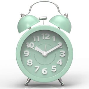 PILIFE 3" Mini Non-ticking Vintage Alarm Clock with Backlight | Analogue | Battery Operated Clock | Round and Loud Twin Bell Alarm Clock | Mint Green