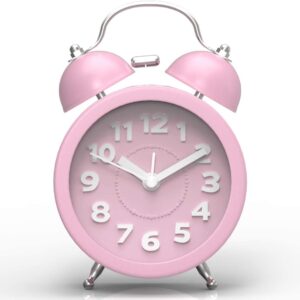 PILIFE 3" Mini Non-ticking Vintage Alarm Clock with Backlight | Analogue | Battery Operated Clock | Round and Loud Twin Bell Alarm Clock | Pink